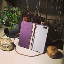 【かぎ針編み組み合わせ自由】iPhone6ケース かぎ針編みのブレードと栃木サドルレザーのレースの 牛革シュリンク革 紫 1枚目の画像