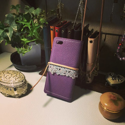 【かぎ針編み組み合わせ自由】iPhone6ケース かぎ針編みのブレードと栃木サドルレザーのレースの 牛革シュリンク革 紫 3枚目の画像