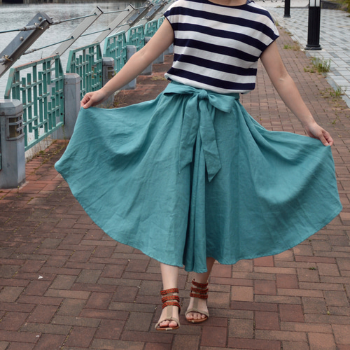 SALE］リネン100% リボン付き ボリュームたっぷり フレアスカート(色  