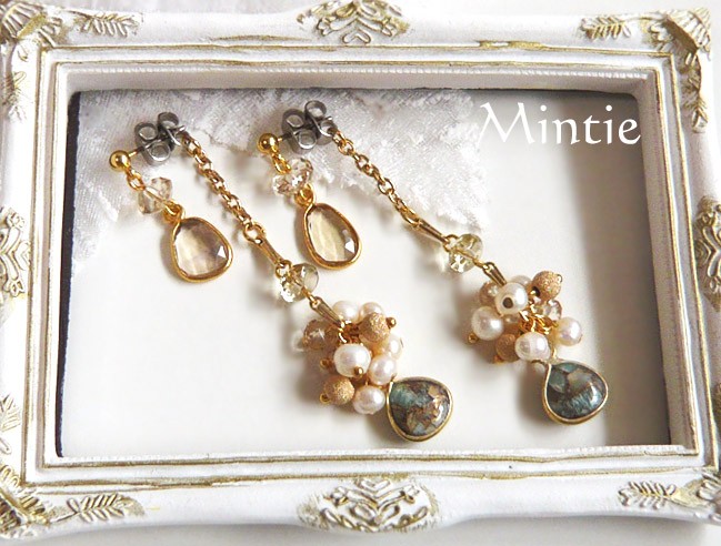 枠留め コッパーアマゾナイトとシャンパンシトリンのWキャッチピアス