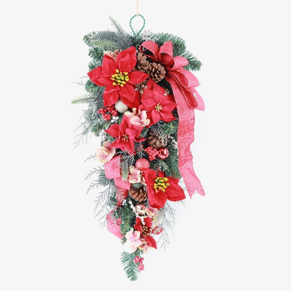 60cm 豪華 【 クリスマススワッグ 】レッドポインセチアリボンクリスマス 大きい アーティフィシャルフラワー 1枚目の画像