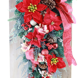 60cm 豪華 【 クリスマススワッグ 】レッドポインセチアリボンクリスマス 大きい アーティフィシャルフラワー 3枚目の画像