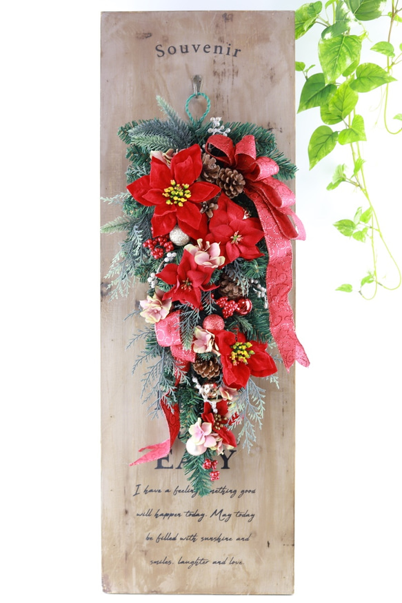 60cm 豪華 【 クリスマススワッグ 】レッドポインセチアリボンクリスマス 大きい アーティフィシャルフラワー 5枚目の画像