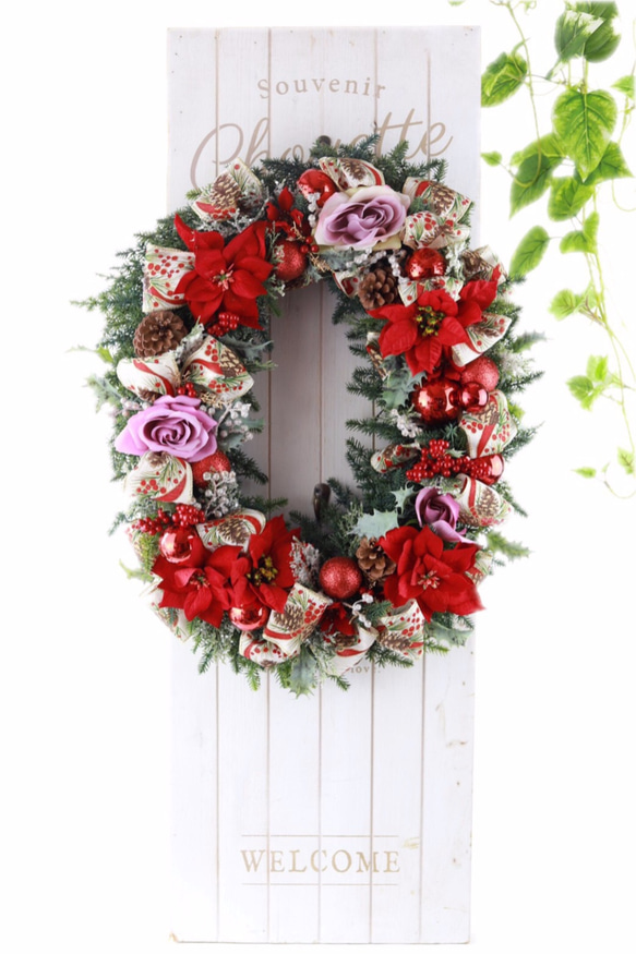 ポインセチア クリスマスリース 楕円 大きい 赤 リース クリスマス インテリア ウェルカム ドア 飾り 玄関 オススメ 5枚目の画像