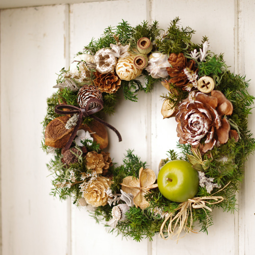 りんごと木の実のリース 青リンゴクリスマスリースM プリザーブドフラワー nancys 通販 8176998