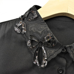 （送料無料）スパンコールリボンデザインオーガンジー付け襟　（黒）　【No.0487】 1枚目の画像