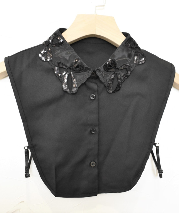 （送料無料）スパンコールリボンデザインオーガンジー付け襟　（黒）　【No.0487】 2枚目の画像