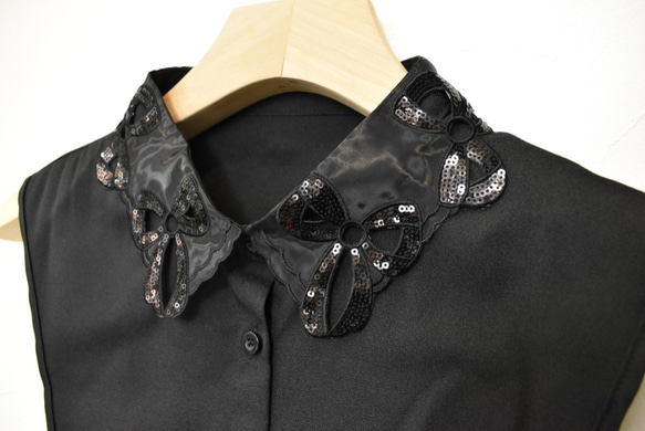 （送料無料）スパンコールリボンデザインオーガンジー付け襟　（黒）　【No.0487】 3枚目の画像