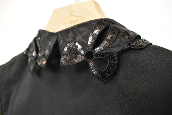 （送料無料）スパンコールリボンデザインオーガンジー付け襟　（黒）　【No.0487】 5枚目の画像