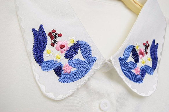 （送料無料）青いリボンとお花刺繍の付け襟【No.0149】 6枚目の画像