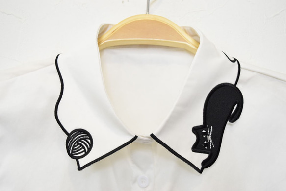 （送料無料）毛糸遊びの黒猫ちゃん刺繍のコットン付け襟【No.0193】 8枚目の画像