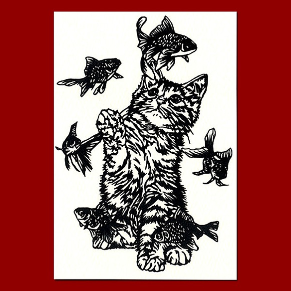 特別価格☆【原画】『夏の終わりの使者』（黒猫　金魚　絵画　手描き　和風　） 特別価格☆【原画】『夏の終わりの使者』（黒猫 金魚 絵画