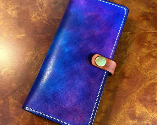 革の手染め- スマホケース / パープル（紫 + 水色）【全機種対応