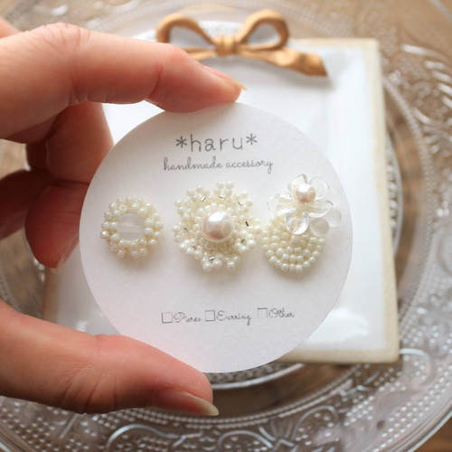 ビーズ刺繍 ピアス❀アソート3点セット【ﾎﾜｲﾄ】 ピアス