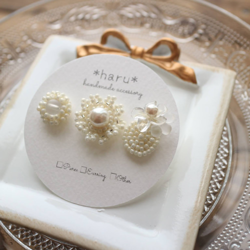 ビーズ刺繍 ピアス❀アソート3点セット【ﾎﾜｲﾄ】 ピアス