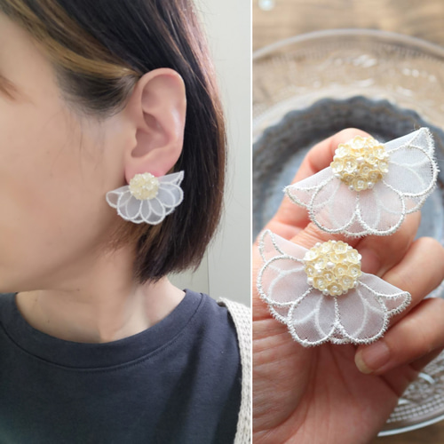 再販】フラワーレースとビーズ刺繍 のスパンコール【ﾍﾞｰｼﾞｭ】のお花 