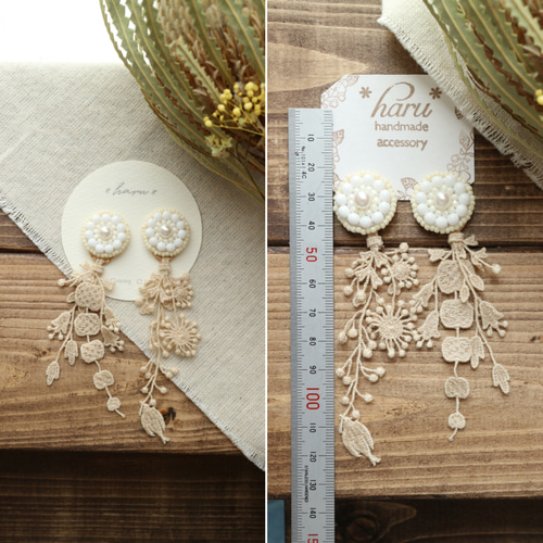 取引中2way*ベージュと花柄レースのタッセルのピアス/イヤリング