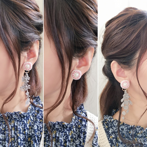 再販2　フリンジ　ピンク　グレー　ピアス　イヤリング　ツイード　リボン　タッセル 再販2 フリンジ ピンク グレー ピアス イヤリング ツイード リボン