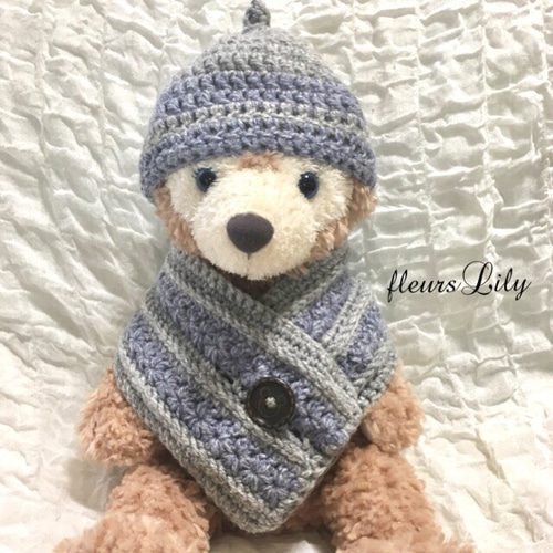 どんぐり帽子とクマさんボタン星編みマフラーのセット（ボーダー  