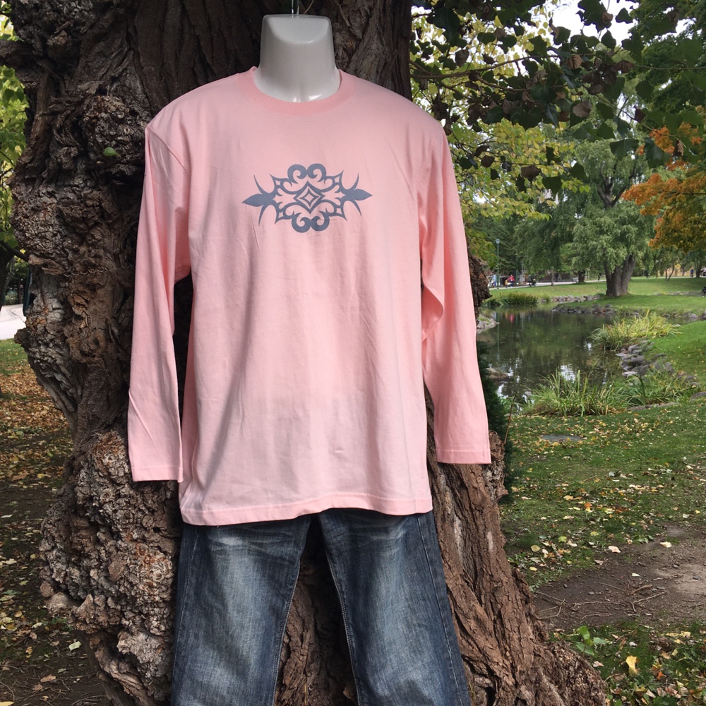 アイヌ模様  長袖 コットン　ピンク ブルーグレーワンポイント　メンズ Tシャツ Lサイズ