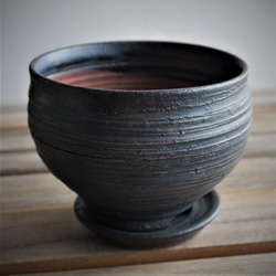 【陶器】マットな黒い植木鉢　受皿付き　送料無料 3枚目の画像