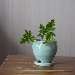 【陶器】均窯釉の水色の植木鉢　送料無料 2枚目の画像