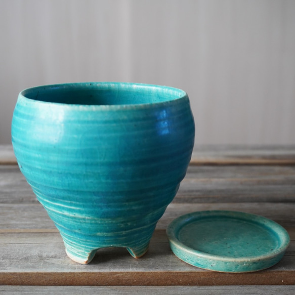 【陶器】トルコ青の脚付き植木鉢⑥　送料無料 9枚目の画像