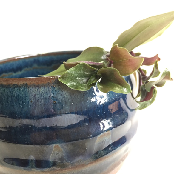 【陶器】青いなまこ釉薬の脚付き植木鉢カバー　送料無料 4枚目の画像