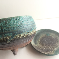 【陶器】トルコ青の脚付き植木鉢 受皿付き　送料無料　 6枚目の画像