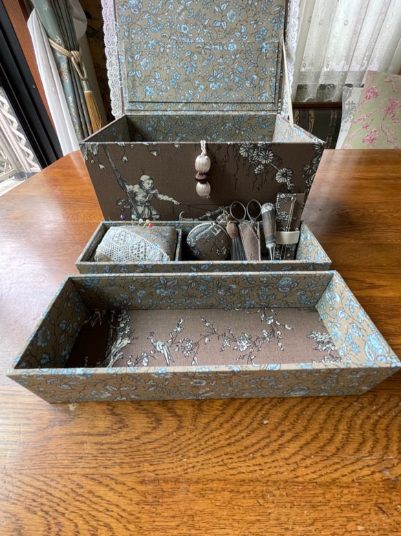 カルトナージュ裁縫箱 2段箱 ボックス シノワズリ柄の取り外し