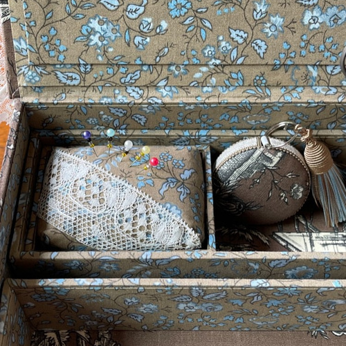 カルトナージュ裁縫箱 2段箱 ボックス シノワズリ柄の取り外し