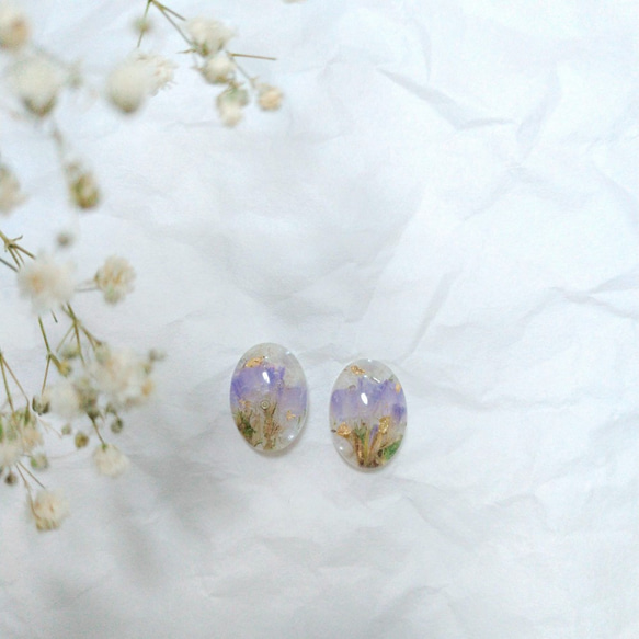 丁香小花束 - 橢圓 紫色星辰花 手工 乾燥花 耳針/耳夾 第2張的照片