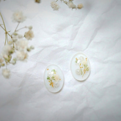 螢白小花束 - 橢圓 白色滿天星  手工 乾燥花 耳針/耳夾 第2張的照片