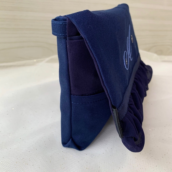 【マチ付き】イニシャルとシフォンの移動ポケット/ネイビー 3枚目の画像