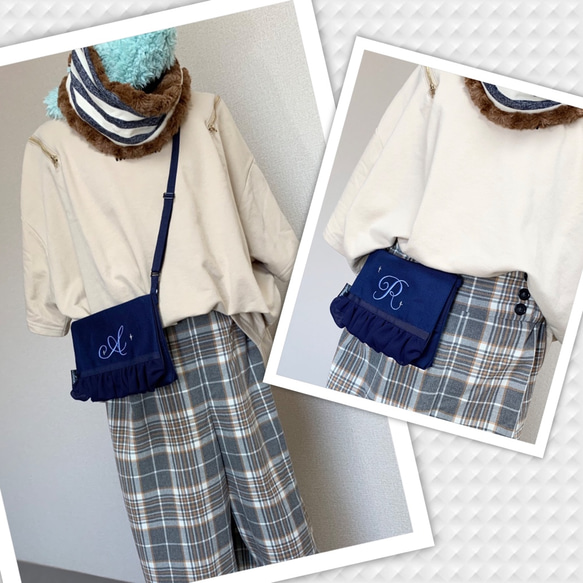 【マチ付き】イニシャルとシフォンの移動ポケット/ネイビー 8枚目の画像