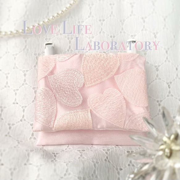 ハートの刺繍オーガンジーとシャンプレーシャンタンの上質移動ポケット/Pink 1枚目の画像