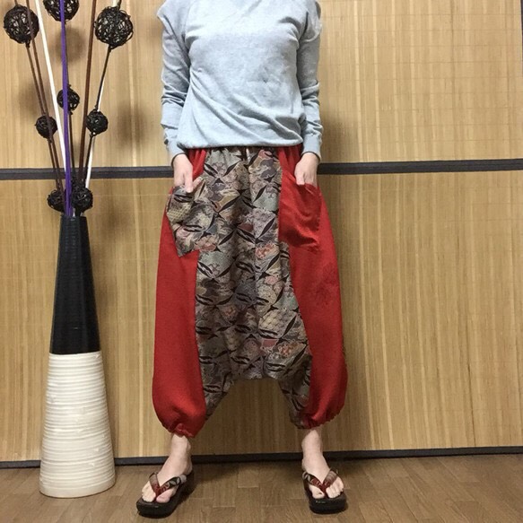 着物パンツ【咲】サルエル スカーチョ ちりめん 和柄 ハンドメイド 着物パンツ【咲】サルエル スカーチョ ちりめん 和柄 ハンドメイド