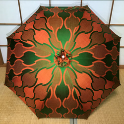 晴雨兼用日傘　de　着物　雨ゴート　オレンジ＆グリーン 2枚目の画像