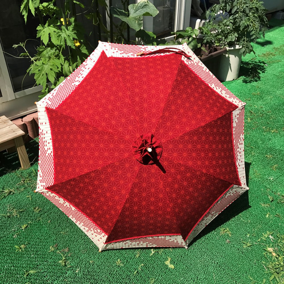 日傘　de　着物　赤麻の葉 6枚目の画像