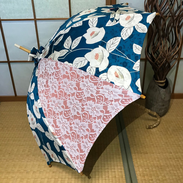 日傘　de　着物　ターコイズ椿 1枚目の画像