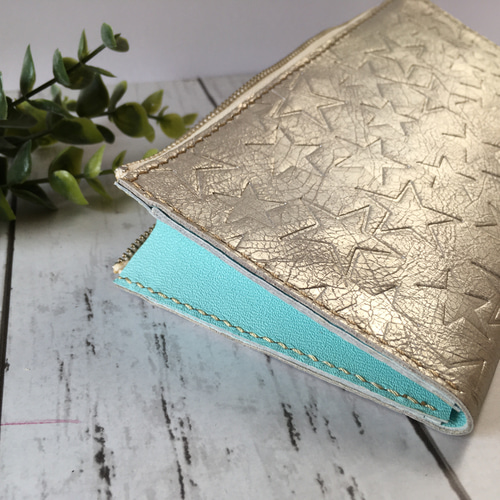 レザースリム長財布(L字ファスナー)＊星柄型押しシルバー 長財布 革