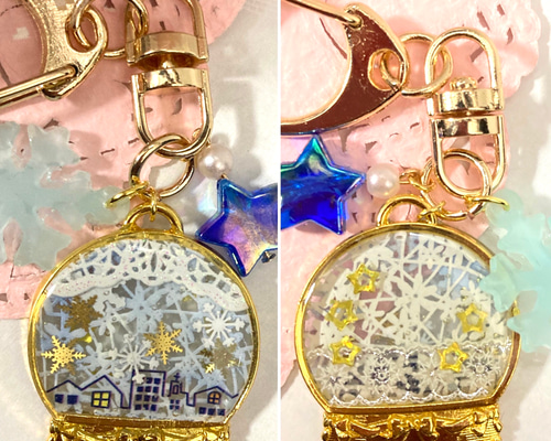 雪恋の巾着　レジンキーホルダー　シェイカー　スノードーム風 雪恋の巾着 レジンキーホルダー シェイカー スノードーム風