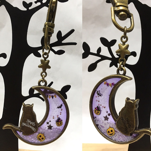 送料無料*ハロウィン#月と猫のレジンのキーホルダー 送料無料*ハロウィン#月と猫のレジンのキーホルダー