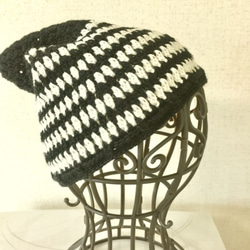 トンガリニット帽　ブラック×オフホワイト　　（6911） 2枚目の画像