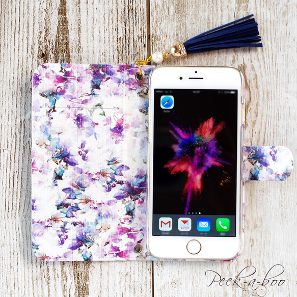 内側プリント&カメラ穴付き✳︎Xperia iPhone✳︎Rosy Floral❁*.ﾟブラック 手帳型スマホケース 4枚目の画像