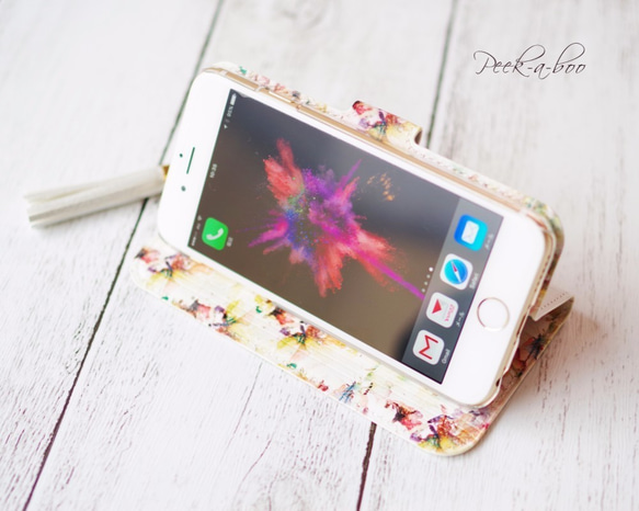 内側プリント&カメラ穴付き✳︎Xperia iPhone✳︎Rosy Floral❁*.ﾟホワイト 手帳型スマホケース 3枚目の画像