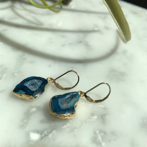 14kgfドゥルージーアゲートの一粒ピアス ピアス（フック・チェーン