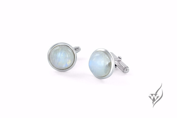 天然月光石 925銀K袖扣 Natural Moonstone Sterling Silver Cufflinks 第1張的照片