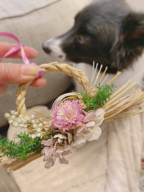 しめにゃわ・しめ縄んこ。小さな家族のためのお正月飾り・和モダン　ドライフラワー　藁からあんだ注連飾り 9枚目の画像