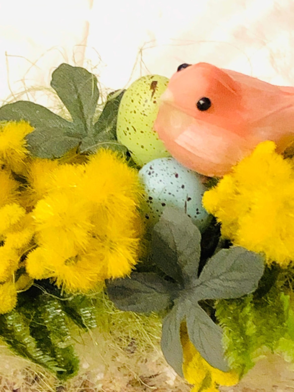 ミモザと小鳥、春を呼ぶフラワーアレンジメント/イースター/春の喜びいっぱい♡/出産祝い/　ディスプレイ　贈り物 6枚目の画像
